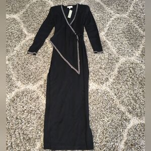 Vintage Cache Black Formal Wrap Dress Sparkle Rhinestone Double Side Slit